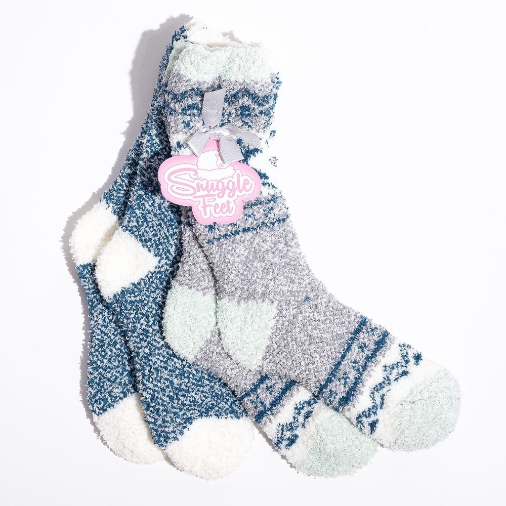 Copy - 𝅺Colorblock & Stripes Blue/Mint Fuzzy Soft Crew Socks | 2 Pk